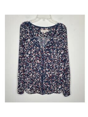 Ann Taylor Loft blue red ivory long sleeve blouse - MP medium petite